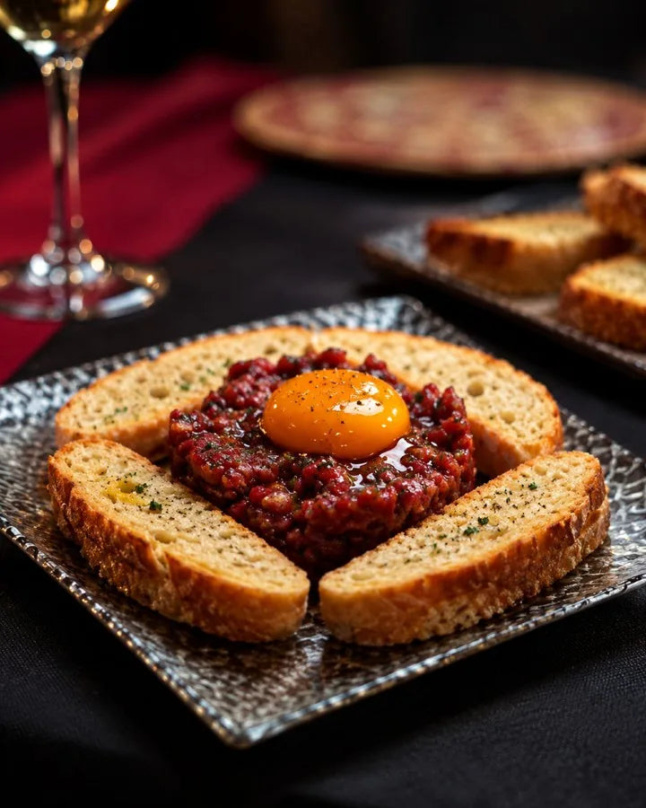 Steak tartare de La Roda servi avec jaune d’œuf et pain grillé