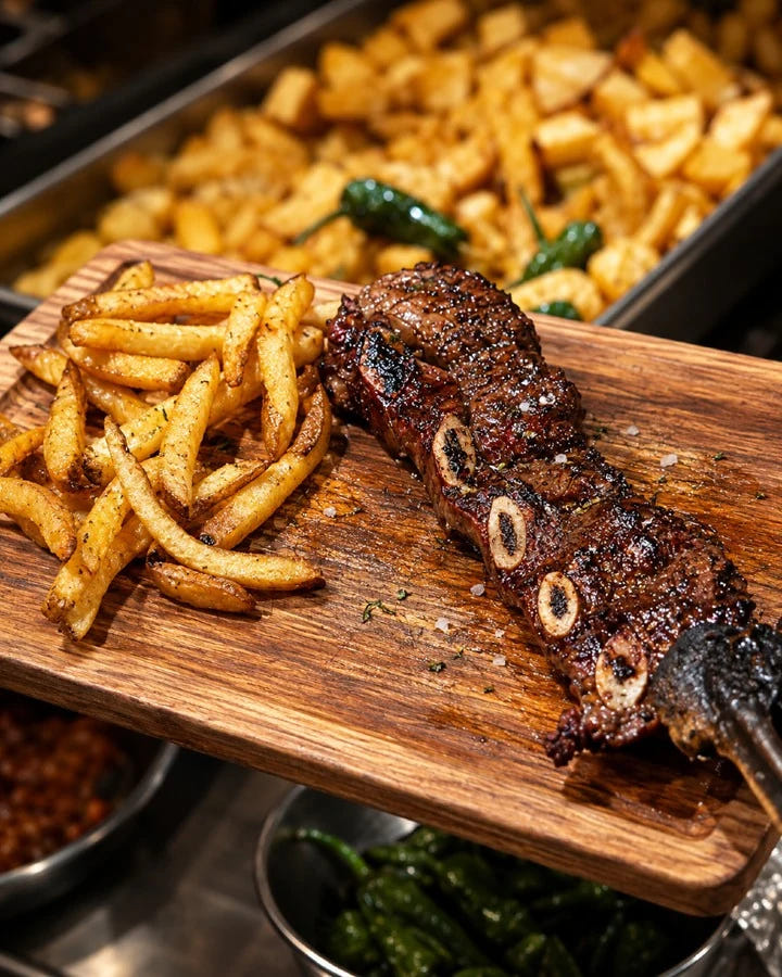 Carne a la brasa con patatas en La Roda

